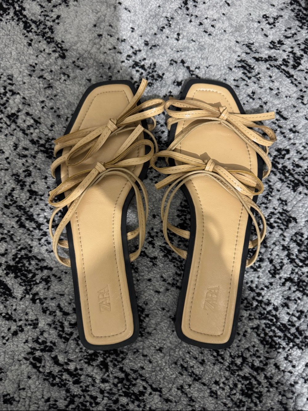 Zara Beige Strappy Bow Square-Toe Mules